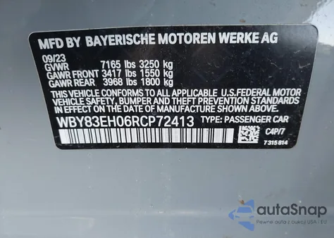 2024 BMW I7 M70 z USA, uszkodzony, nr VIN WBY83EH06RCP72413